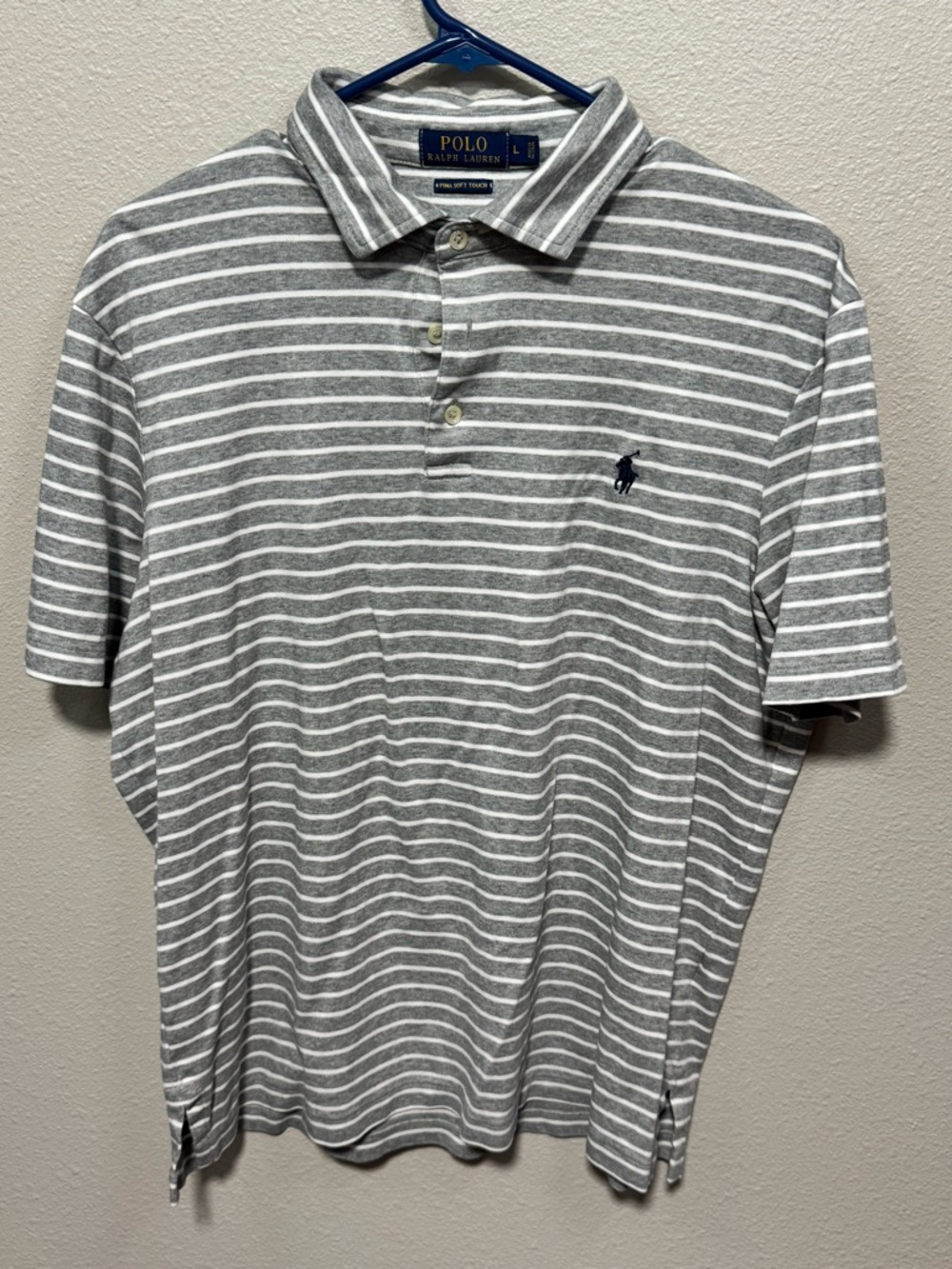 Ralph Lauren Gray & White Striped Polo with Navy Pony
